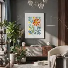 Canlı Soyut Çiçek Beyaz Ahşap Çerçeveli Tablo Bohem Ofis Kanvas Görünümlü Salon Oturma