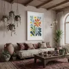 Canlı Soyut Çiçek Beyaz Ahşap Çerçeveli Tablo Bohem Ofis Kanvas Görünümlü Salon Oturma