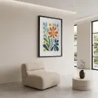 Canlı Soyut Çiçek Siyah Ahşap Çerçeveli Tablo Bohem Duvar Dekoru Poster Obje Ev