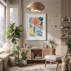 Mercan Mavi Organik Sanat Beyaz Ahşap Çerçeveli Tablo Koridor Ofis Kanvas Görünümlü Salon