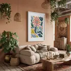 Mercan Mavi Organik Sanat Beyaz Ahşap Çerçeveli Tablo Koridor Ofis Kanvas Görünümlü Salon