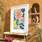 Mercan Mavi Organik Sanat Beyaz Ahşap Çerçeveli Tablo Koridor Ofis Kanvas Görünümlü Salon