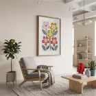 Canlı Renkli Soyut Çiçekler Doğal Ahşap Çerçeveli Tablo Bohem Dekorasyonu Poster Obje Ev
