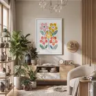 Canlı Renkli Soyut Çiçekler Beyaz Ahşap Çerçeveli Tablo Bohem Poster Dekoratif Obje Ev