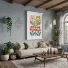 Canlı Renkli Soyut Çiçekler Beyaz Ahşap Çerçeveli Tablo Bohem Poster Dekoratif Obje Ev