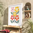 Canlı Renkli Soyut Çiçekler Beyaz Ahşap Çerçeveli Tablo Bohem Poster Dekoratif Obje Ev