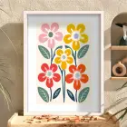 Canlı Renkli Soyut Çiçekler Beyaz Ahşap Çerçeveli Tablo Bohem Poster Dekoratif Obje Ev