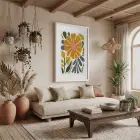 Güneş Çiçeği Soyut Sanat Beyaz Ahşap Çerçeveli Tablo Ofis Kanvas Görünümlü Salon Oturma