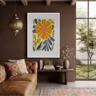 Güneş Çiçeği Soyut Sanat Beyaz Ahşap Çerçeveli Tablo Ofis Kanvas Görünümlü Salon Oturma