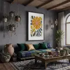 Güneş Çiçeği Soyut Sanat Siyah Ahşap Çerçeveli Tablo Salon Oturma Odası Duvar Dekoru