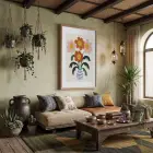 Modern Vazo Çiçekleri Doğal Ahşap Çerçeveli Tablo Bohem Salon Oturma Odası Duvar Dekoru