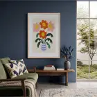 Modern Vazo Çiçekleri Doğal Ahşap Çerçeveli Tablo Bohem Salon Oturma Odası Duvar Dekoru