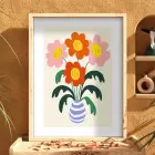 Modern Vazo Çiçekleri Doğal Ahşap Çerçeveli Tablo Bohem Salon Oturma Odası Duvar Dekoru