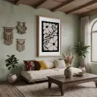 Soyut Çiçek Silüetleri Doğal Ahşap Çerçeveli Tablo Bohem Görünümlü Salon Oturma Odası Duvar