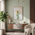 Minimalist Kaktüs Güneş Doğal Ahşap Çerçeveli Tablo Aksesuarları Modern Sanat İç Mekan Yatak
