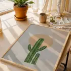 Minimalist Kaktüs Güneş Doğal Ahşap Çerçeveli Tablo Aksesuarları Modern Sanat İç Mekan Yatak
