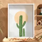 Minimalist Kaktüs Güneş Beyaz Ahşap Çerçeveli Tablo Görünümlü Salon Oturma Odası Duvar Dekoru
