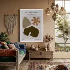 Avantgarde Organik Şekiller Beyaz Ahşap Çerçeveli Tablo Kanvas Görünümlü Salon Oturma Odası Duvar