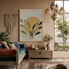 Ochre Yaprak Soyut Kompozisyon Doğal Ahşap Çerçeveli Tablo Kanvas Görünümlü Salon Oturma Odası