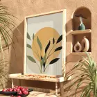 Ochre Yaprak Soyut Kompozisyon Doğal Ahşap Çerçeveli Tablo Kanvas Görünümlü Salon Oturma Odası