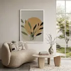 Ochre Yaprak Soyut Kompozisyon Beyaz Ahşap Çerçeveli Tablo Kanvas Görünümlü Salon Oturma Odası