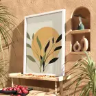 Ochre Yaprak Soyut Kompozisyon Beyaz Ahşap Çerçeveli Tablo Kanvas Görünümlü Salon Oturma Odası