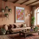 Canlı Floral Soyut Sanat Doğal Ahşap Çerçeveli Tablo Bohem Modern İç Mekan Yatak