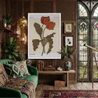 Retro Kızıl Lale Tablosu Beyaz Ahşap Çerçeveli Görünümlü Salon Oturma Odası Duvar Dekoru