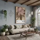 Retro Pembe Çiçek İllüstrasyonu Doğal Ahşap Çerçeveli Tablo Bohem Odası Duvar Dekoru Poster