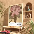 Retro Pembe Çiçek İllüstrasyonu Doğal Ahşap Çerçeveli Tablo Bohem Odası Duvar Dekoru Poster