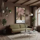 Retro Pembe Çiçek İllüstrasyonu Siyah Ahşap Çerçeveli Tablo Bohem Salon Oturma Odası Duvar