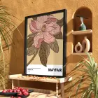 Retro Pembe Çiçek İllüstrasyonu Siyah Ahşap Çerçeveli Tablo Bohem Salon Oturma Odası Duvar