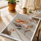 Pastel Şeftali Çiçek Tablosu Beyaz Ahşap Çerçeveli Bohem Obje Ev Aksesuarları Modern Sanat