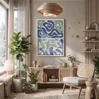 Mavi Yeşil Organik Tablo Beyaz Ahşap Çerçeveli Modern Sanat İç Mekan Yatak Koridor