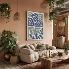 Mavi Yeşil Organik Tablo Beyaz Ahşap Çerçeveli Modern Sanat İç Mekan Yatak Koridor