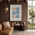 Mavi Hardal Minimalist Kavisler Doğal Ahşap Çerçeveli Tablo Kanvas Görünümlü Salon Oturma Odası