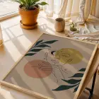 Minimalist Ay Güneş Kadın Doğal Ahşap Çerçeveli Tablo Dekoru Poster Obje Ev Aksesuarları