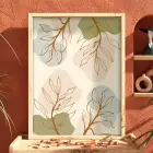 Pastel Organik Yapraklar Doğal Ahşap Çerçeveli Tablo Ofis Kanvas Görünümlü Salon Oturma Odası