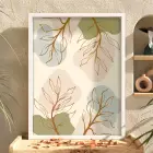 Pastel Organik Yapraklar Beyaz Ahşap Çerçeveli Tablo Sanat İç Mekan Yatak Koridor Ofis