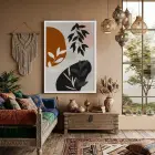 Toprak Tonları Organik Soyut Beyaz Ahşap Çerçeveli Tablo Modern Sanat İç Mekan Yatak