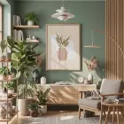 Minimalist Botanik Vazo Doğal Ahşap Çerçeveli Tablo Bohem Modern Sanat İç Mekan Yatak