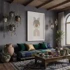 Toprak Tonlu Geometrik Desen Beyaz Ahşap Çerçeveli Tablo Görünümlü Salon Oturma Odası Duvar