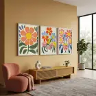 Neşeli Soyut Çiçekler 3lü Beyaz Çerçeveli Tablo Seti Bohem Tablo Duvar Tablo Oda Dekorasyonu Salon