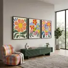 Neşeli Soyut Çiçekler 3lü Siyah Çerçeveli Tablo Seti Bohem Tablo Resim Çerçevesi Tablo Salon
