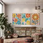 Canlı Retro Çiçek Desenleri 3lü Ahşap Çerçeveli Tablo Seti Bohem Tablo Poster Tablo Duvar Tablo Ev