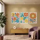 Canlı Retro Çiçek Desenleri 3lü Beyaz Çerçeveli Tablo Seti Bohem Tablo Poster Tablo Resim Çerçevesi