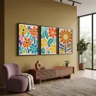Canlı Retro Çiçek Desenleri 3lü Siyah Çerçeveli Tablo Seti Bohem Tablo Resim Çerçevesi Tablo Salon