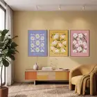 Pastel Botanik Çiçek Seti 3lü Ahşap Çerçeveli Tablo Seti Bohem Tablo Resim Çerçevesi Tablo Salon