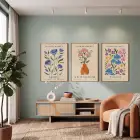 Modern Botanik Çiçek Pazarı 3lü Ahşap Çerçeveli Tablo Seti Bohem Tablo Poster Tablo Resim Çerçevesi