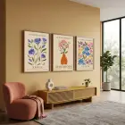 Modern Botanik Çiçek Pazarı 3lü Ahşap Çerçeveli Tablo Seti Bohem Tablo Poster Tablo Resim Çerçevesi